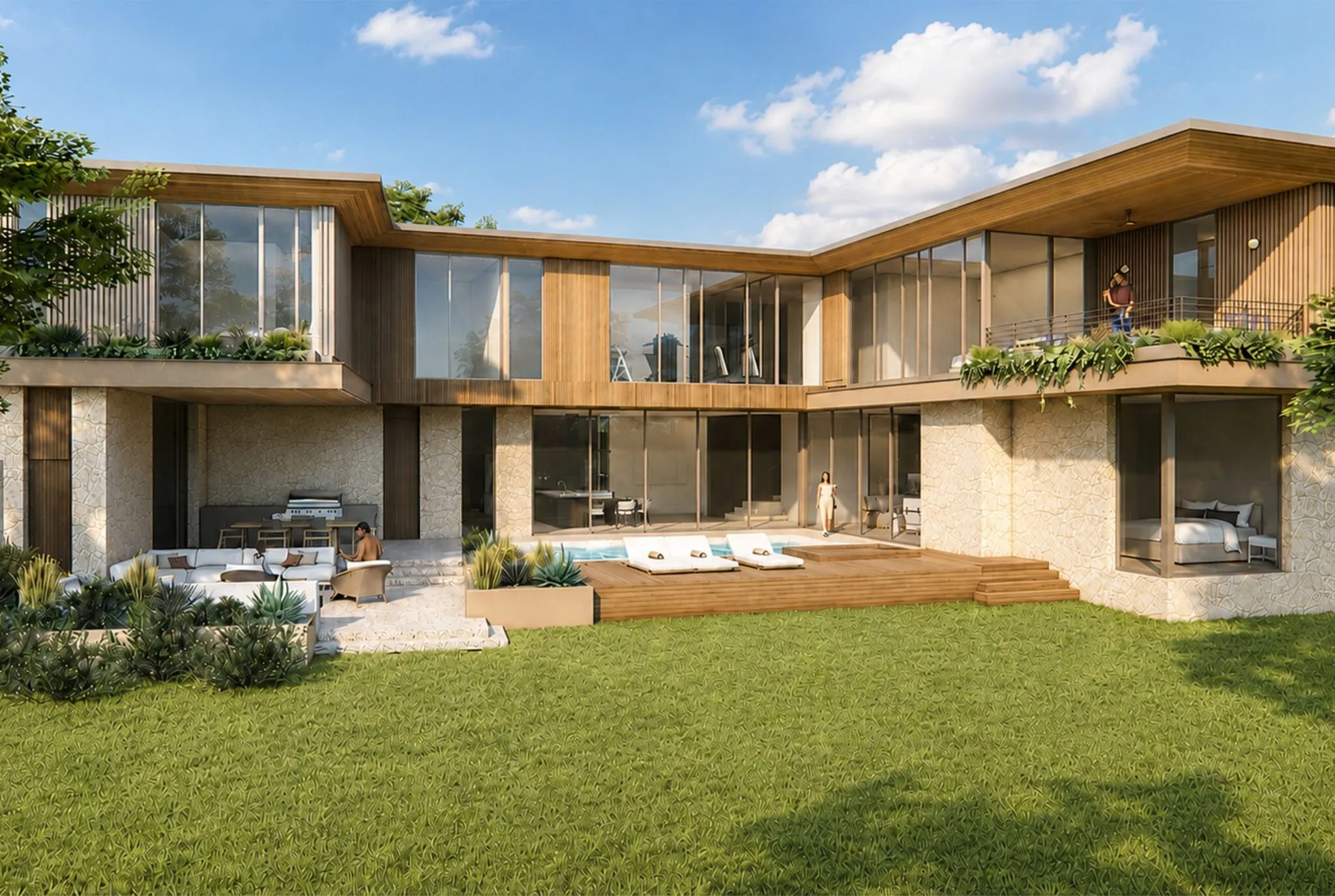 Modern Edge residence rendered in full, from the rear lawn