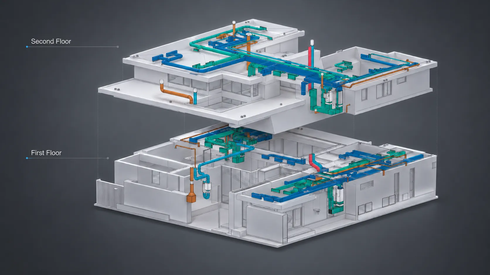 Exploded coordination model showing first-floor and second-floor building systems