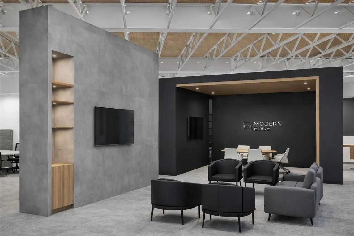 ME Lab Studio entrance with sculptural monolithic element and reception