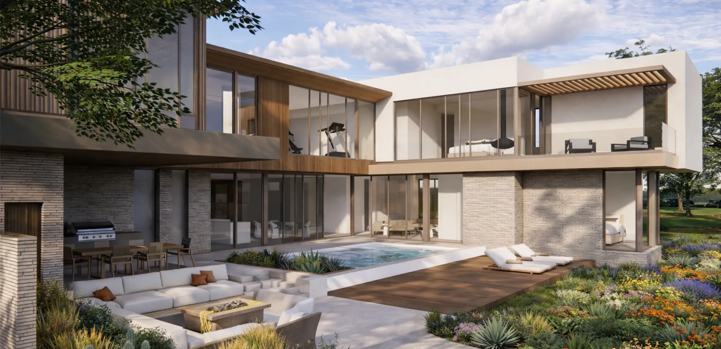 Memorial Residence rear elevation with bayou access landscaping