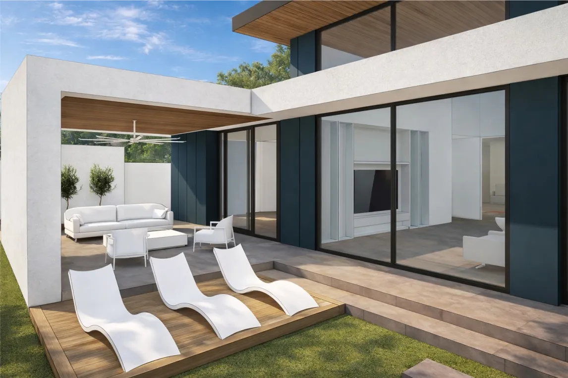 Spring Branch Residence outdoor lounge area with modern facade
