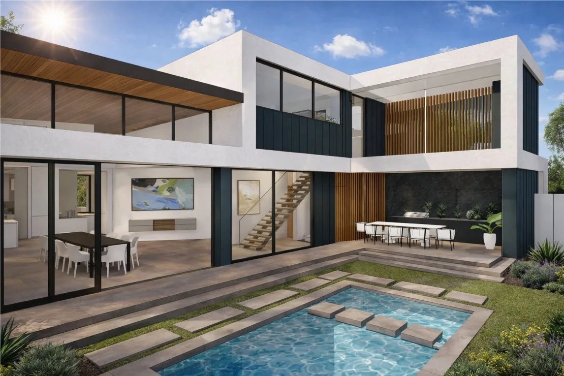 Spring Branch Residence linear pool courtyard and rear elevation