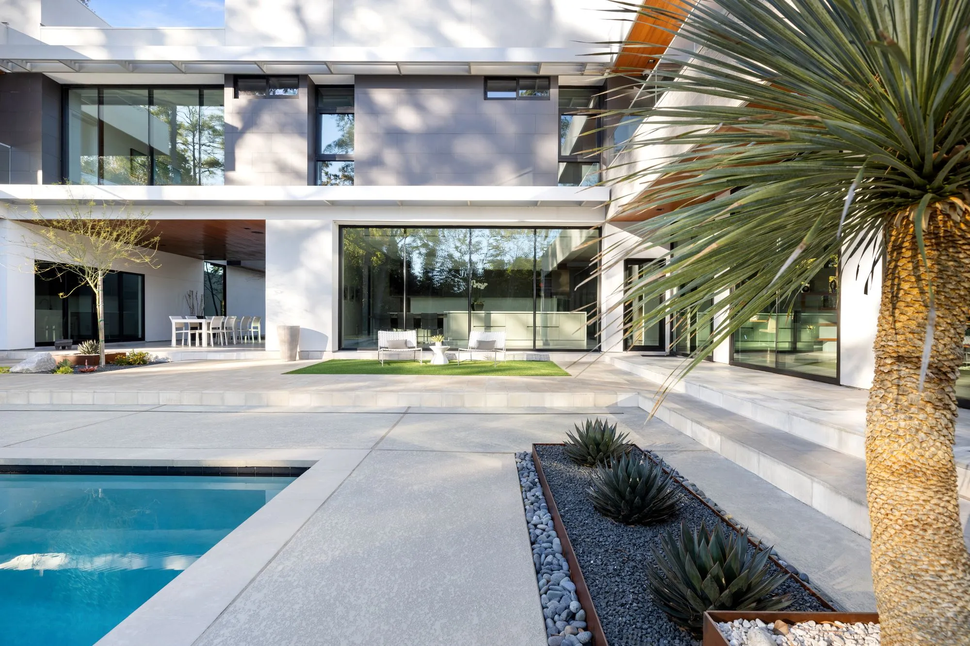 Modern home interior with large windows